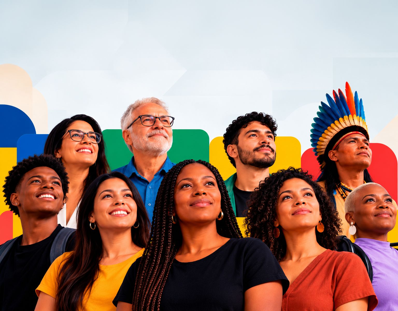 Grupo diverso de trabalhadoras e trabalhadores — mulheres e homens de diferentes idades, pessoas negras, brancas e indígena — olhando para o alto, sobre blocos coloridos em azul, verde, amarelo e vermelho.